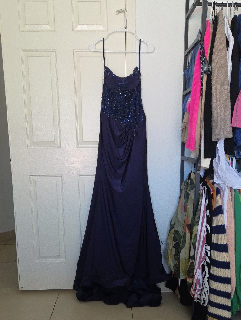 Alglist Beaded Spaghetti-Strap Maxi Dress in Deep Navy